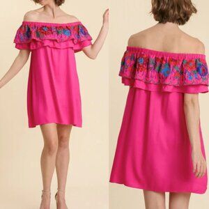 Umgee Floral Embroidered Off-Shoulder Ruffled Dress Pink Sz M
